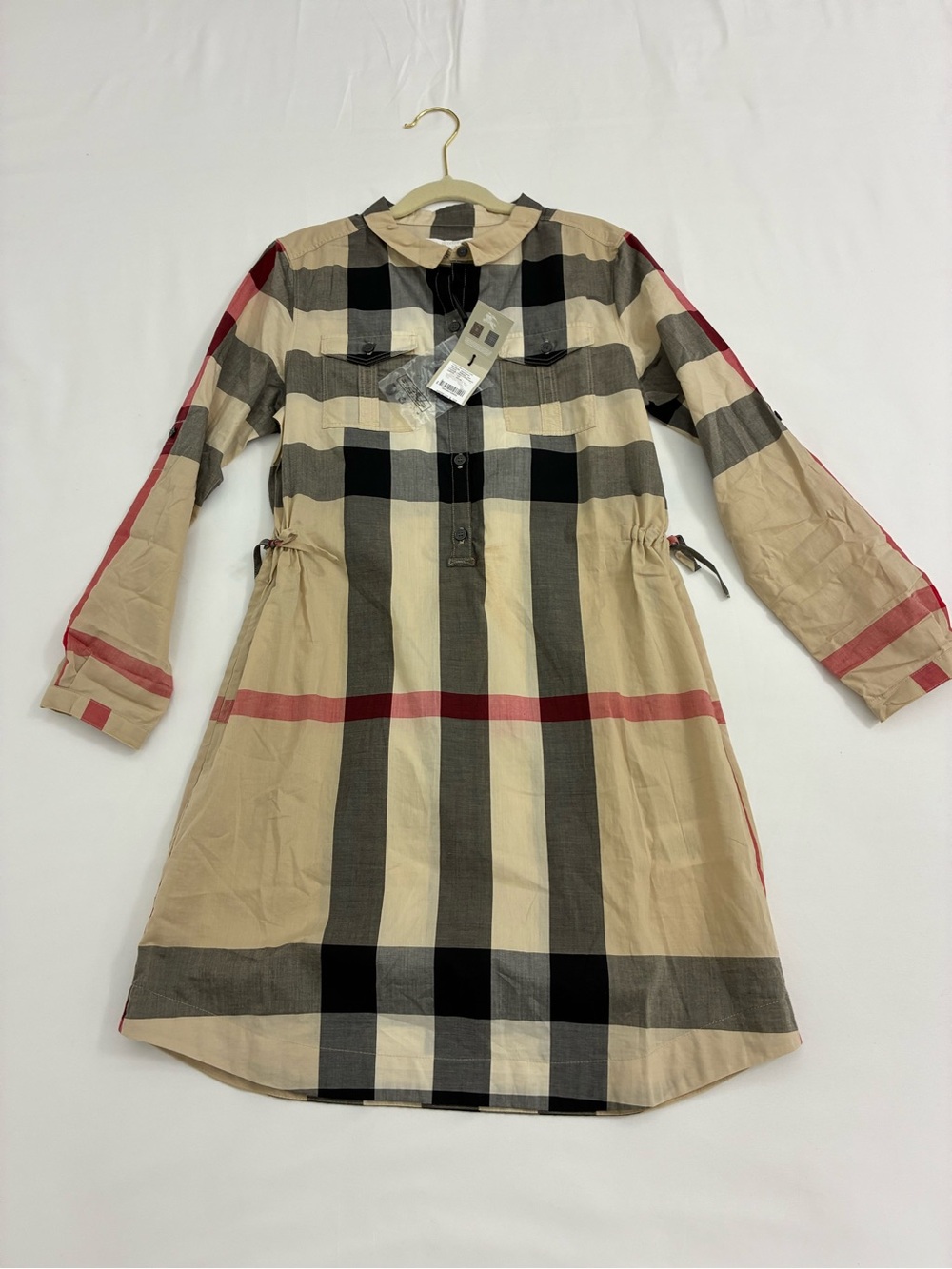 Burberry Beige Plaid Kids Dress with Black and Red Trim